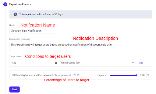 Firebase A/B test Notification details & experiment targeting conditions
