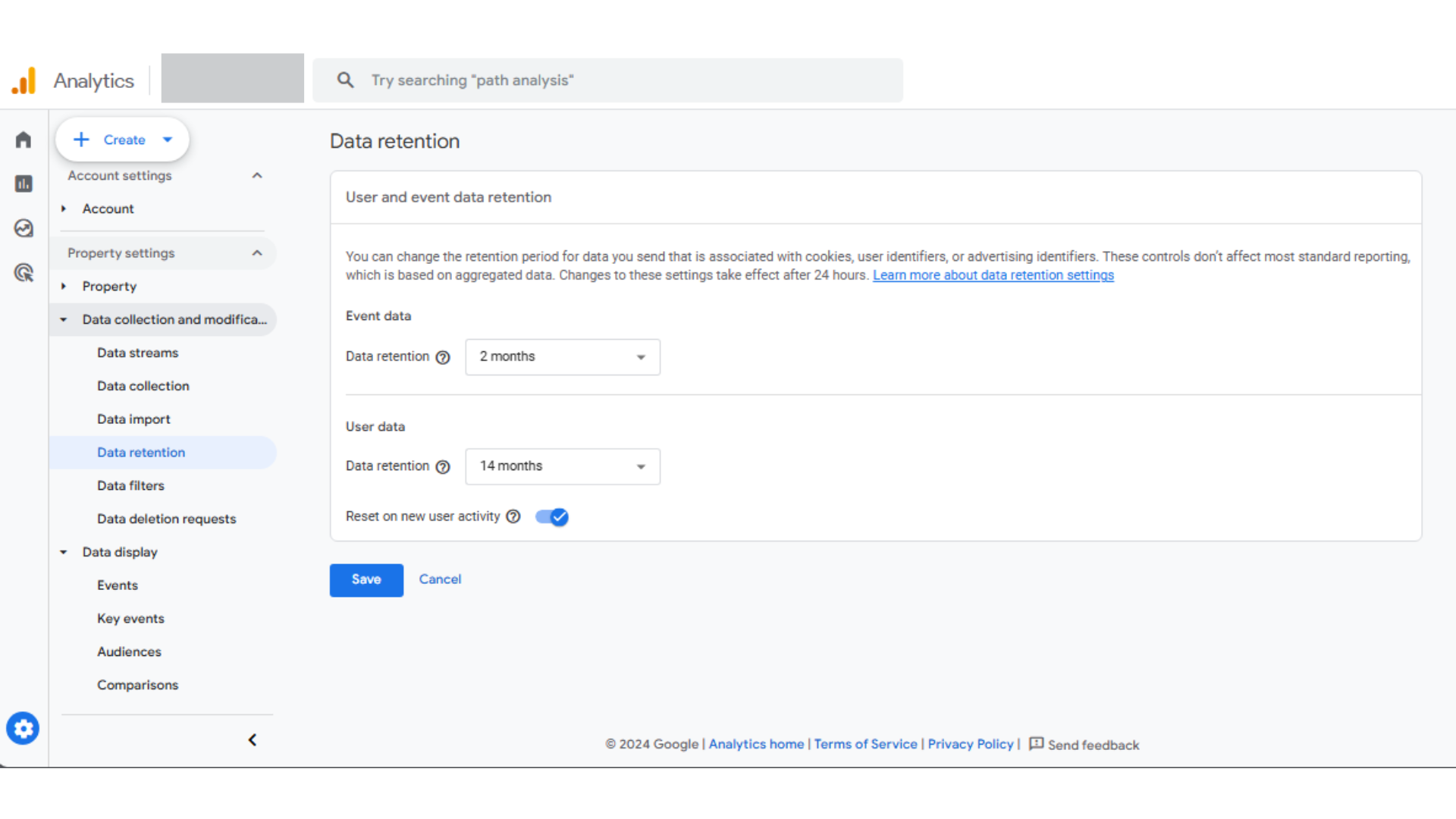 For standard Google Analytics 4 properties, you can set the retention period for user-level and key event data to either 2 months or 14 months. In Google Analytics 360, the retention options expand, allowing you to retain all other event data for 2 months, 14 months, 26 months, 38 months, or 50 months. 