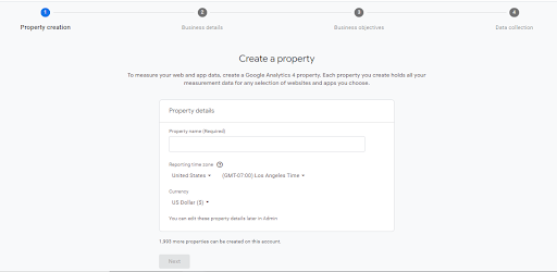 A screenshot of the Google Analytics admin interface showing the 'Create Property' option. The user is entering details such as property name, time zone, industry, and currency to set up a new GA4 property